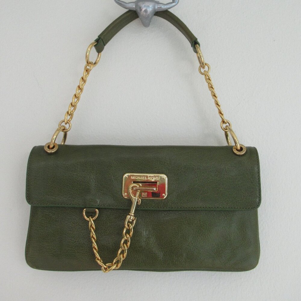 Michael Kors Genuine Leather Rectangular Medium Sz Shoulder Bag Green Gold *Flaw